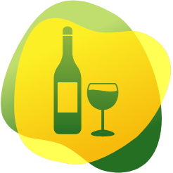 Ikona se skleničkou vína a šálkem kávy jako informace o tom, že vyvarování se kofeinu a alkoholu může zabránit nadýmání.