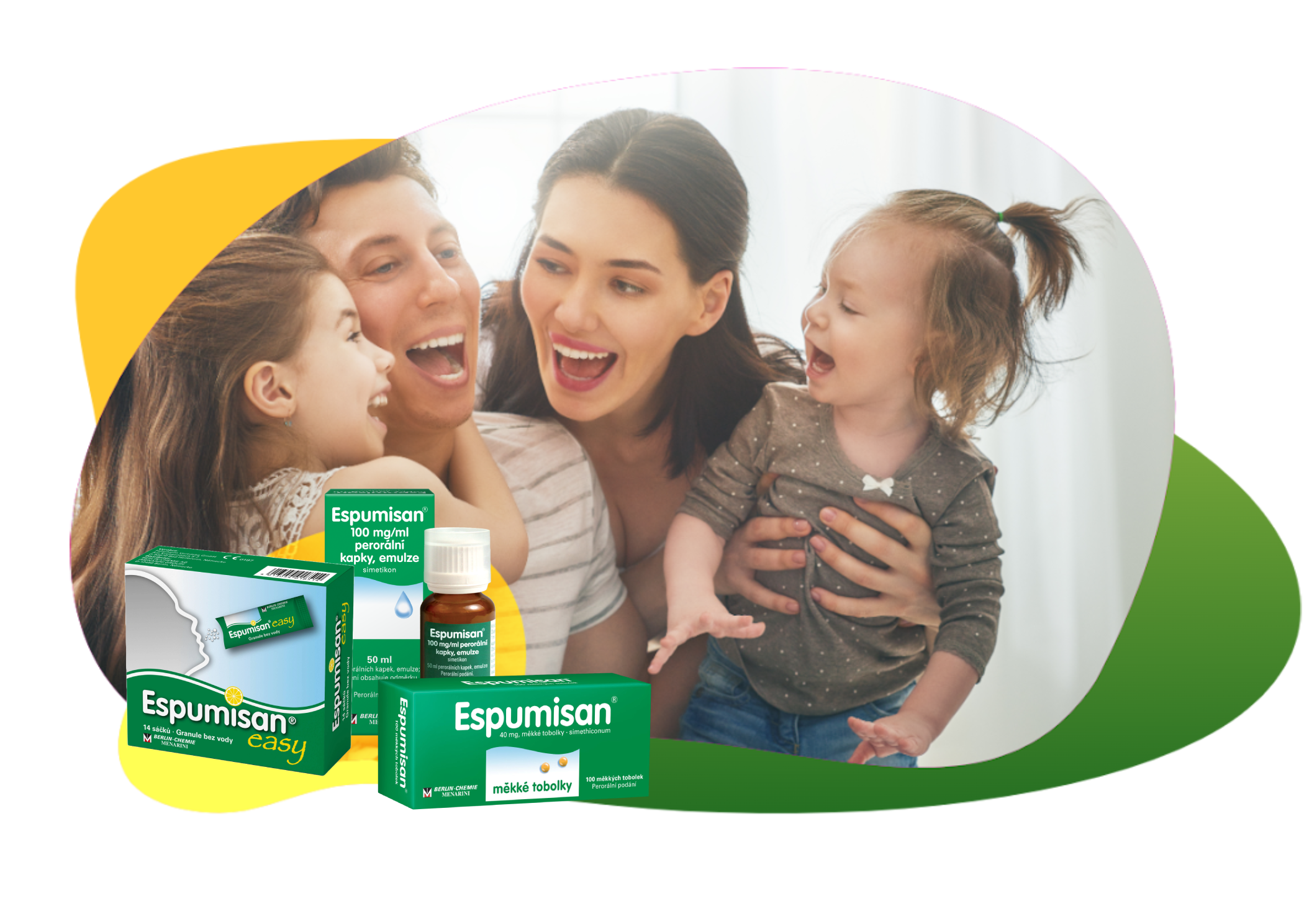 Mladá rodina v dobré náladě, která se bezstarostně směje po užití Espumisanu: Každý z rodičů drží jedno dítě, v popředí jsou balení Espumisanu v různých lékových formách pro různé potřeby.